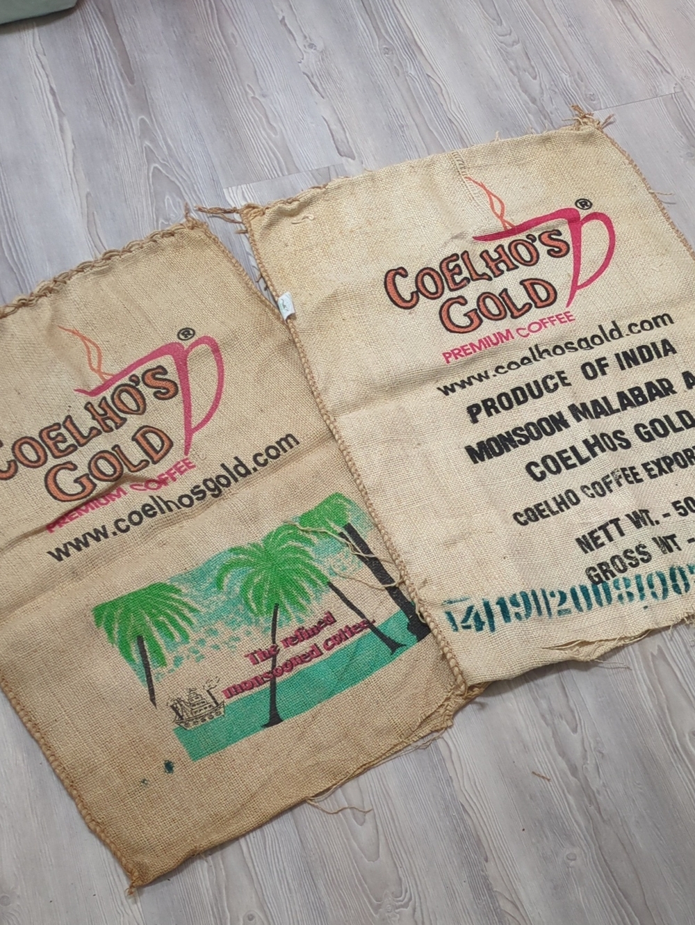 Coelho's Gold Coffee Burlap Sacks Set 2 India Monsoon Malabar Jute Vintage Decor